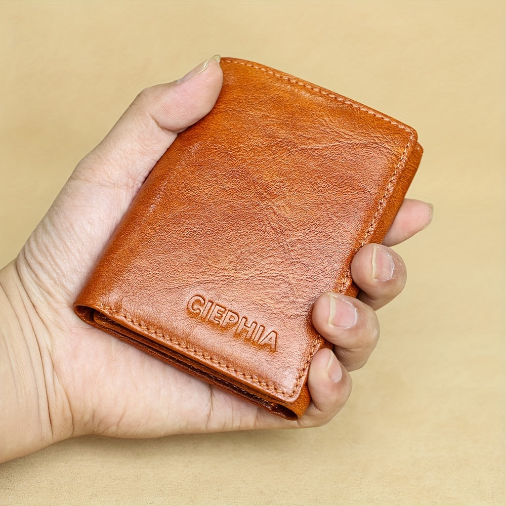 Men's Trifold Cowhide Leather Wallet – RFID Blocking with ID Window and 8 Card Slots