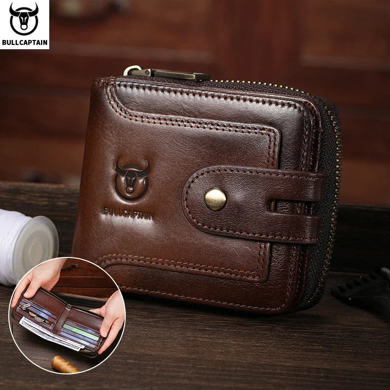 BULLCAPTAIN Men's Genuine Leather Wallet Business Casual RFID Antimagnetic Coin Card Holder Multifunctional Zipper Cash Clip