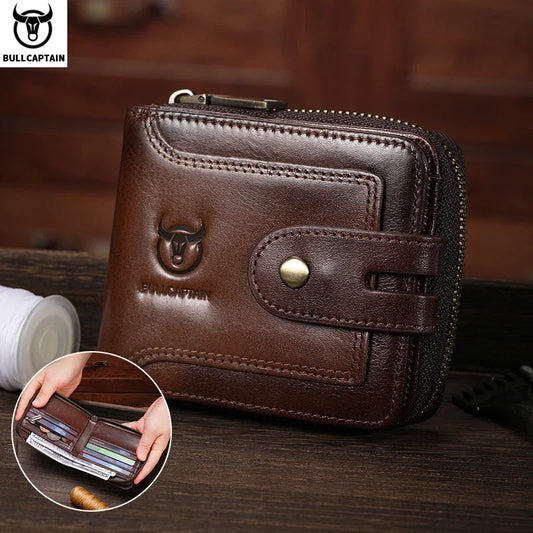 BULLCAPTAIN Men's Genuine Leather Wallet Business Casual RFID Antimagnetic Coin Card Holder Multifunctional Zipper Cash Clip