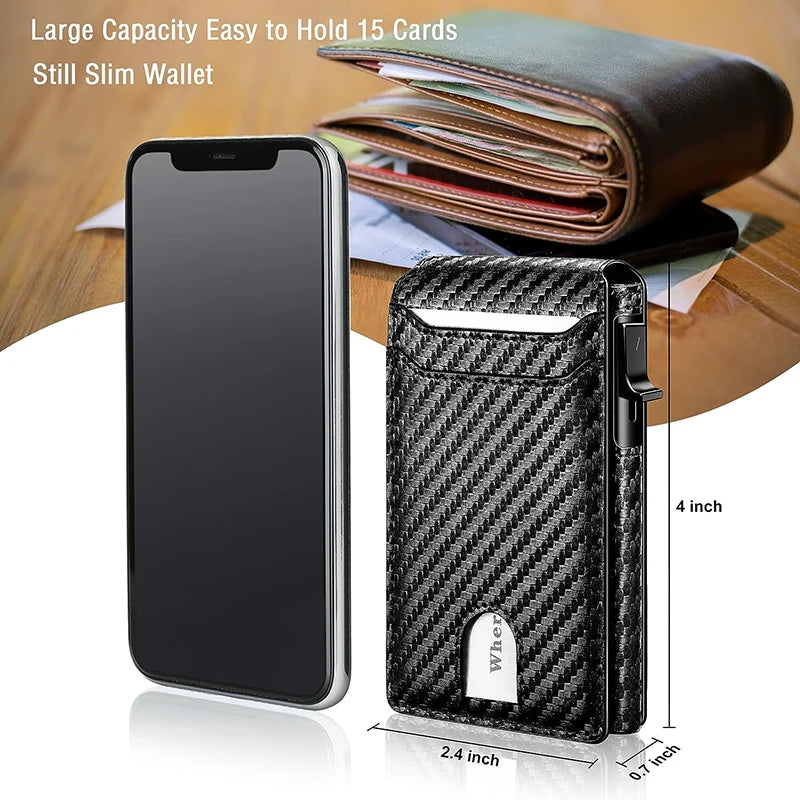 Men's Slim Minimalist Smart Wallet – RFID Blocking Pop Up Credit Card Holder Bifold Carbon Fiber Wallet