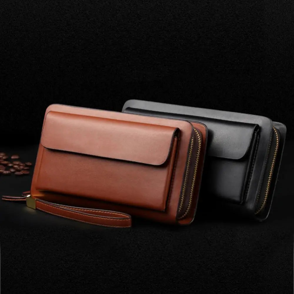 Men Faux Leather Double Zipper Wallet Purse Money Holder Clip Clutch Handbag