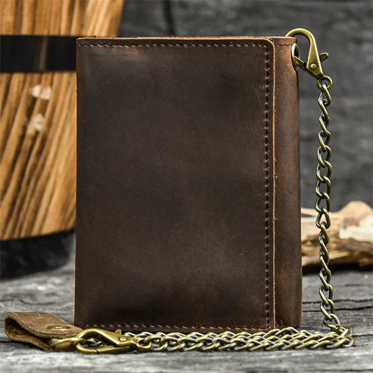 IronClad Leather Trifold Wallet – Vintage Men’s Clutch with Chain