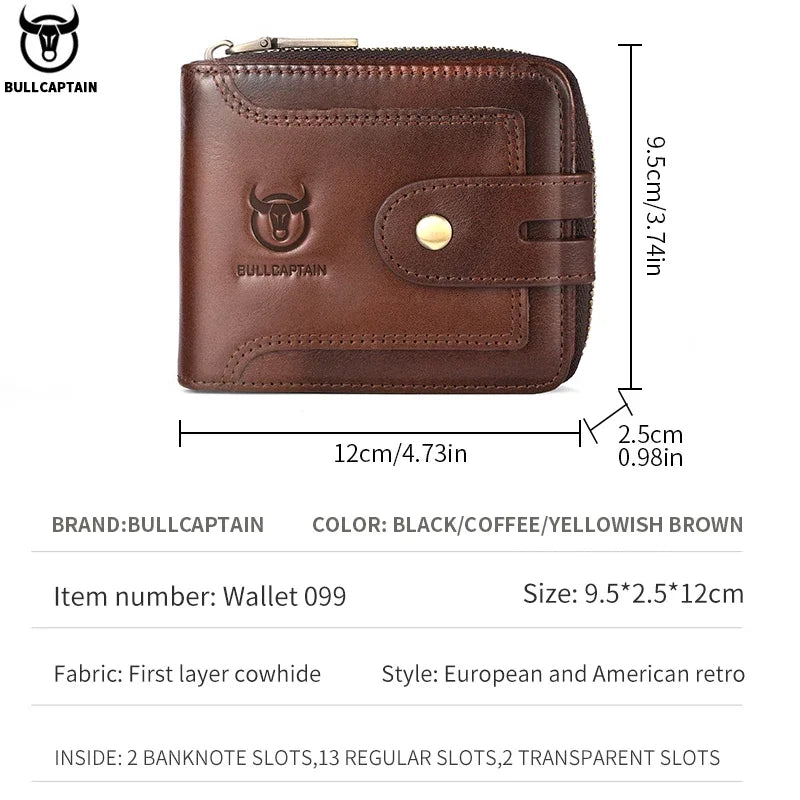 BULLCAPTAIN Men's Genuine Leather Wallet Business Casual RFID Antimagnetic Coin Card Holder Multifunctional Zipper Cash Clip