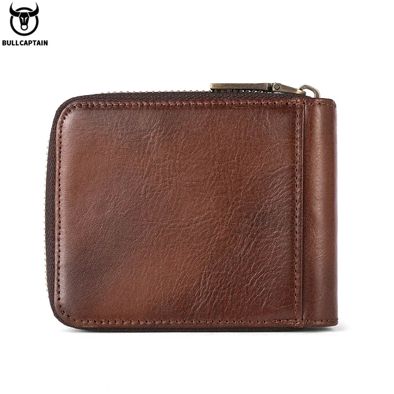 BULLCAPTAIN Men's Genuine Leather Wallet Business Casual RFID Antimagnetic Coin Card Holder Multifunctional Zipper Cash Clip