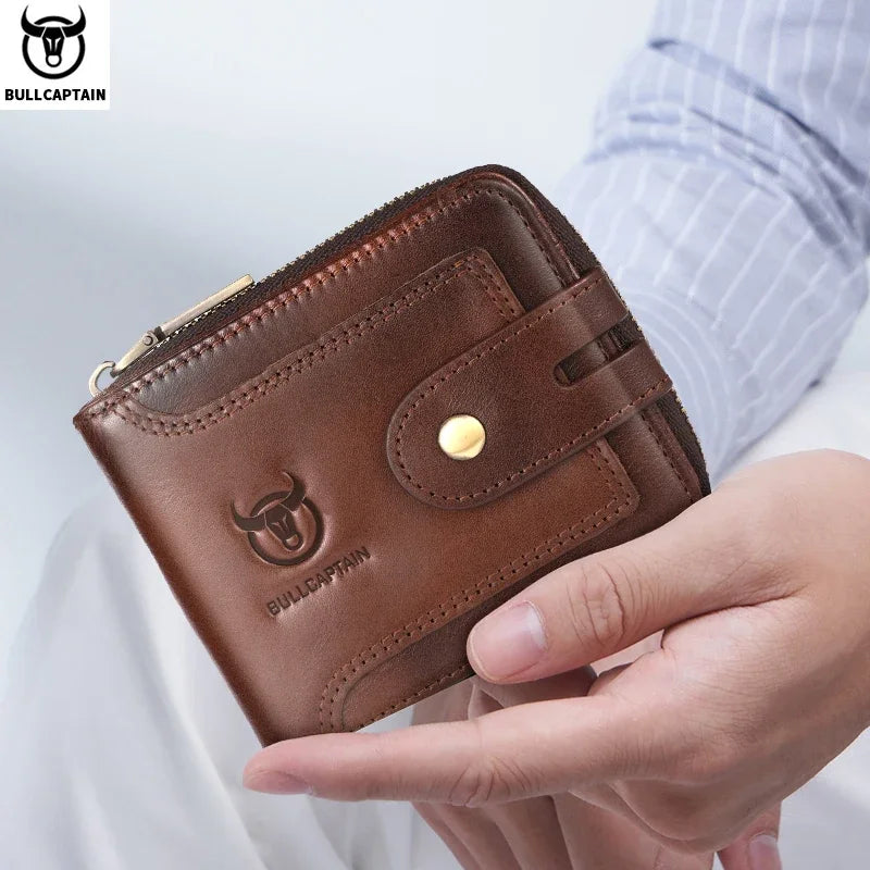 BULLCAPTAIN Men's Genuine Leather Wallet Business Casual RFID Antimagnetic Coin Card Holder Multifunctional Zipper Cash Clip