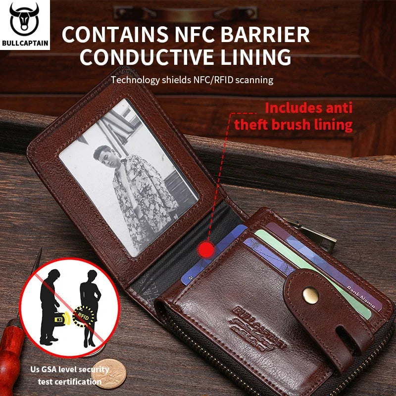 BULLCAPTAIN Men's Genuine Leather Wallet Business Casual RFID Antimagnetic Coin Card Holder Multifunctional Zipper Cash Clip