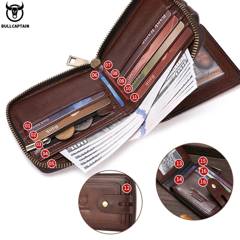 BULLCAPTAIN Men's Genuine Leather Wallet Business Casual RFID Antimagnetic Coin Card Holder Multifunctional Zipper Cash Clip