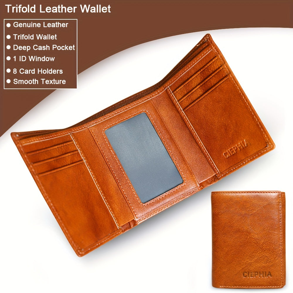 Men's Trifold Cowhide Leather Wallet – RFID Blocking with ID Window and 8 Card Slots