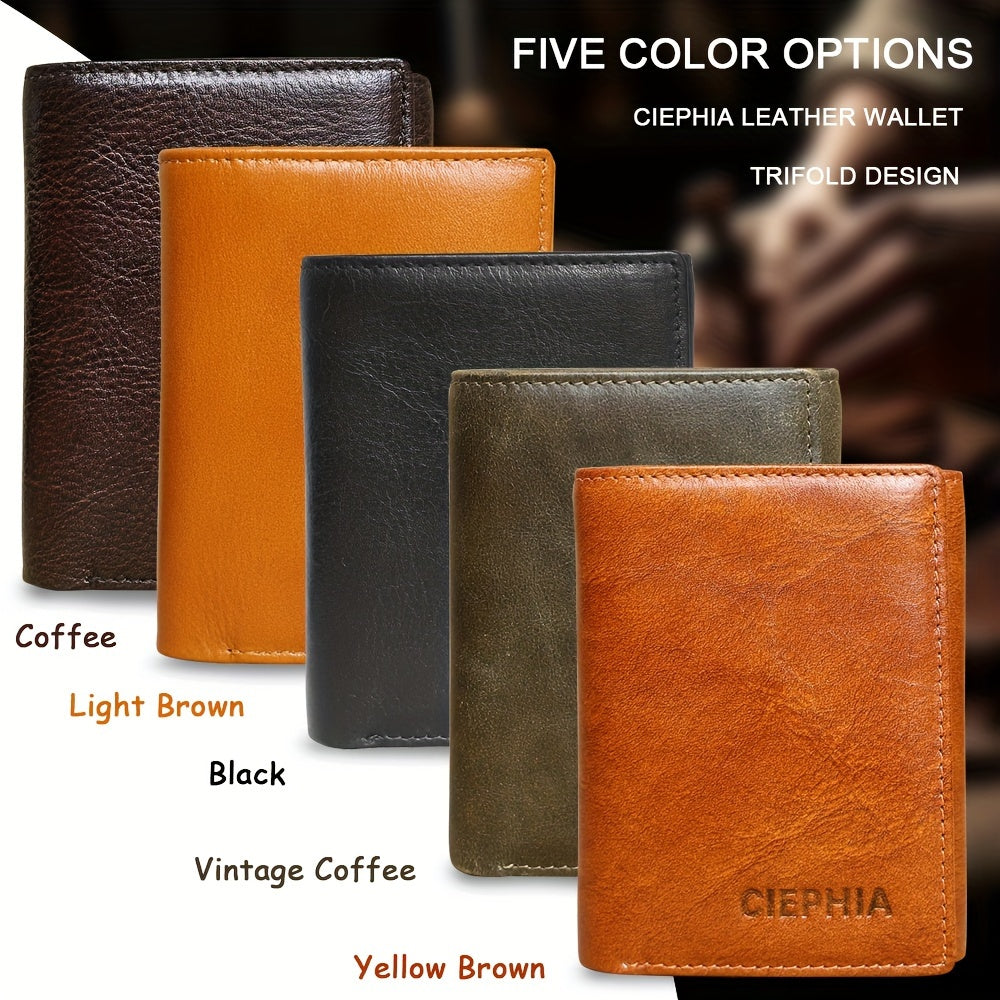 Men's Trifold Cowhide Leather Wallet – RFID Blocking with ID Window and 8 Card Slots