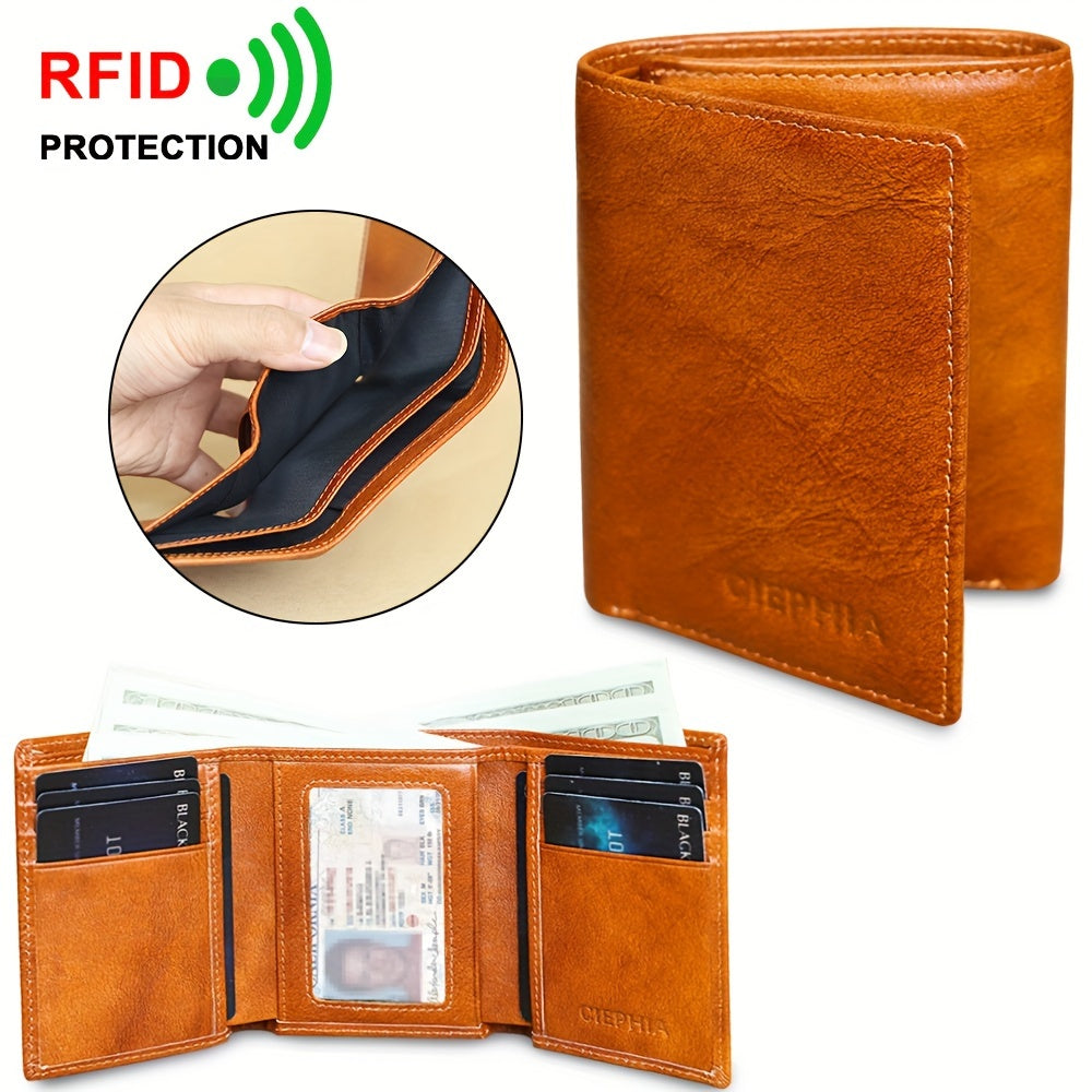 Men's Trifold Cowhide Leather Wallet – RFID Blocking with ID Window and 8 Card Slots